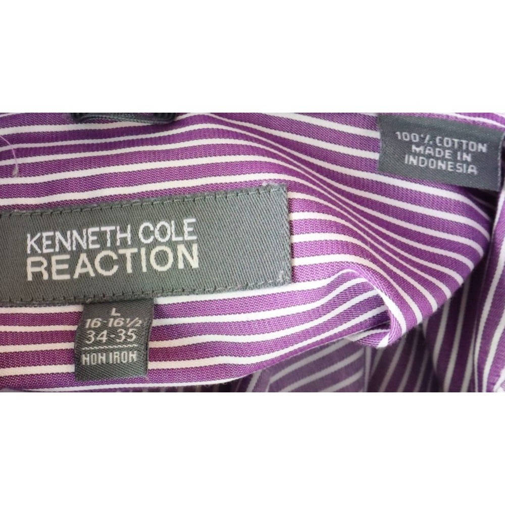 Kenneth Cole Reaction Dress Shirt Mens Size L 16.5 x 34/35 Purple White Stripes‎ - Picture 6 of 6